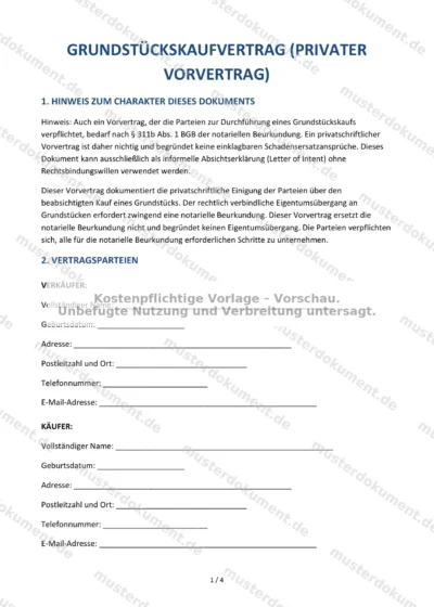 Grundstückskaufvertrag (Vorvertrag) — Vorlage Word & PDF — Vertragsvorlage im DOCX-Format
