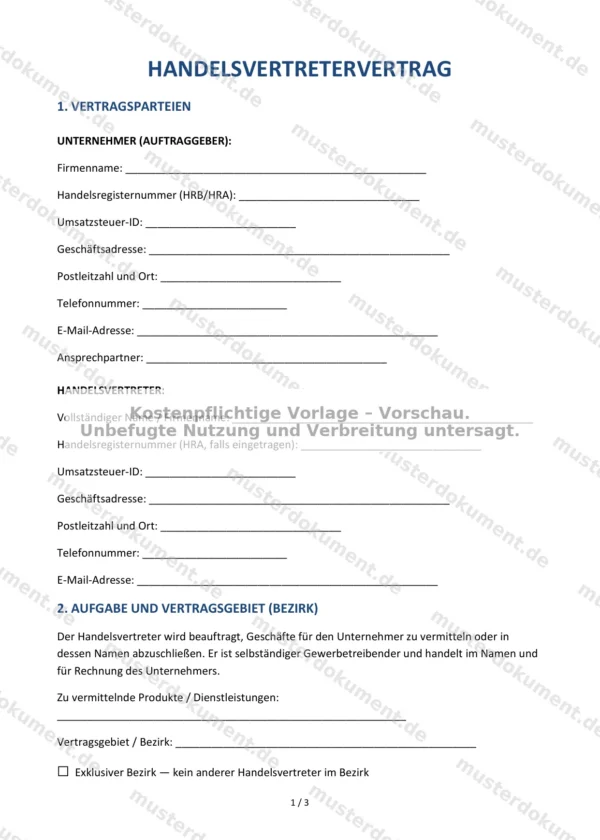 Handelsvertretervertrag — Vorlage Word & PDF