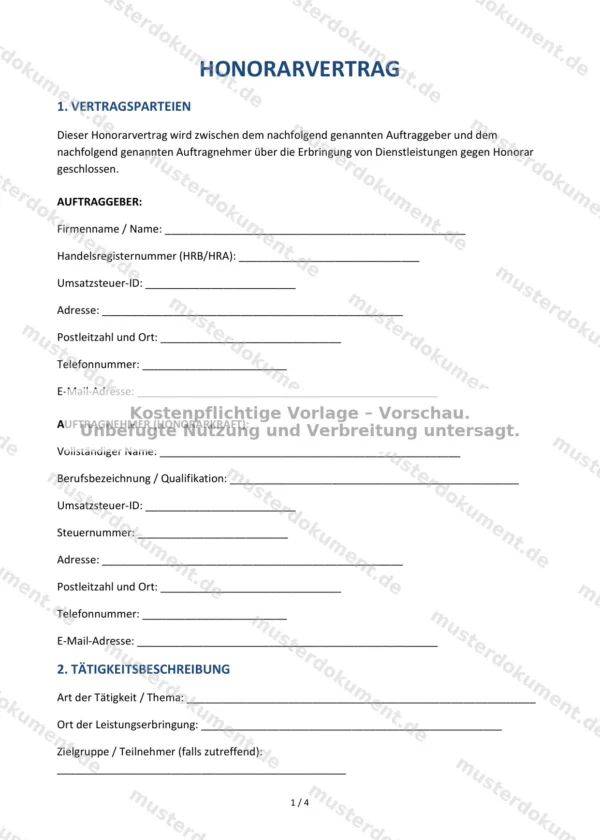 Honorarvertrag — Vorlage Word & PDF