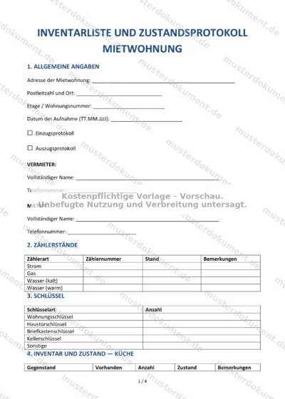 Inventarliste und Zustandsprotokoll Mietwohnung — Vorlage Word & PDF — Vertragsvorlage im DOCX-Format