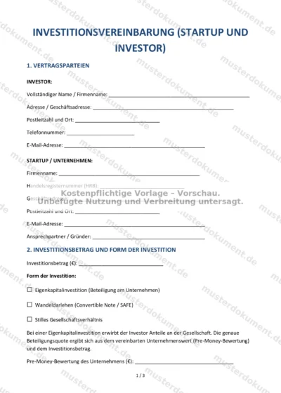 Investitionsvereinbarung (Startup und Investor) — Vorlage Word & PDF — Vertragsvorlage im DOCX-Format