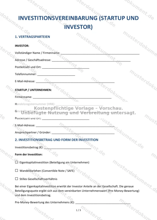Investitionsvereinbarung (Startup und Investor) — Vorlage Word & PDF
