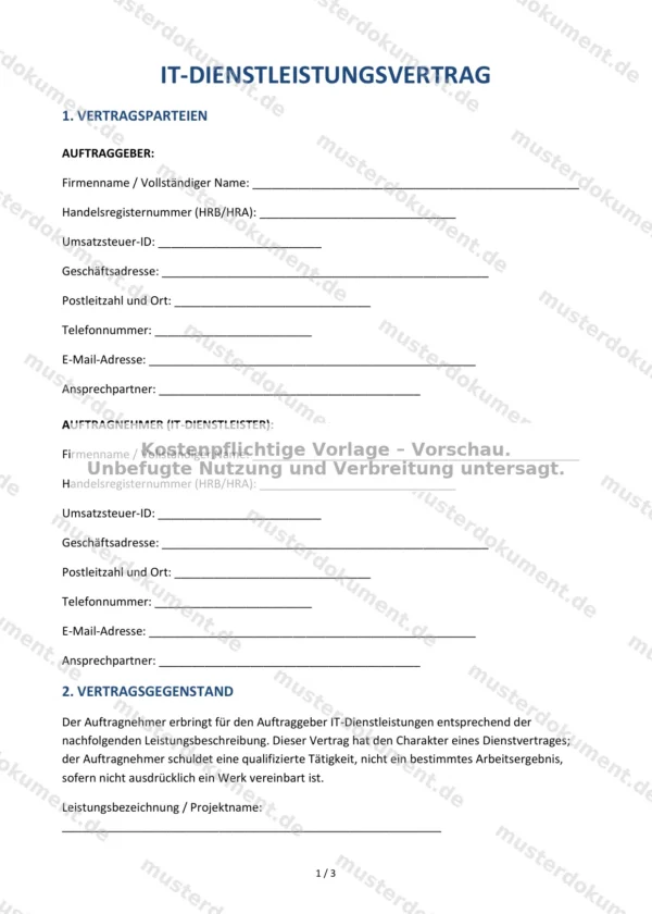 IT-Dienstleistungsvertrag — Vorlage Word & PDF