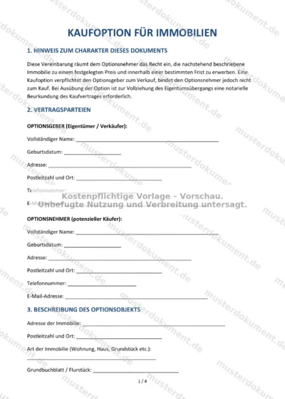 Kaufoption für Immobilien — Vorlage Word & PDF — Vertragsvorlage im DOCX-Format