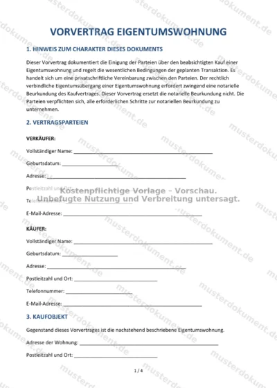 Vorvertrag Eigentumswohnung — Vorlage Word & PDF — Vertragsvorlage im DOCX-Format