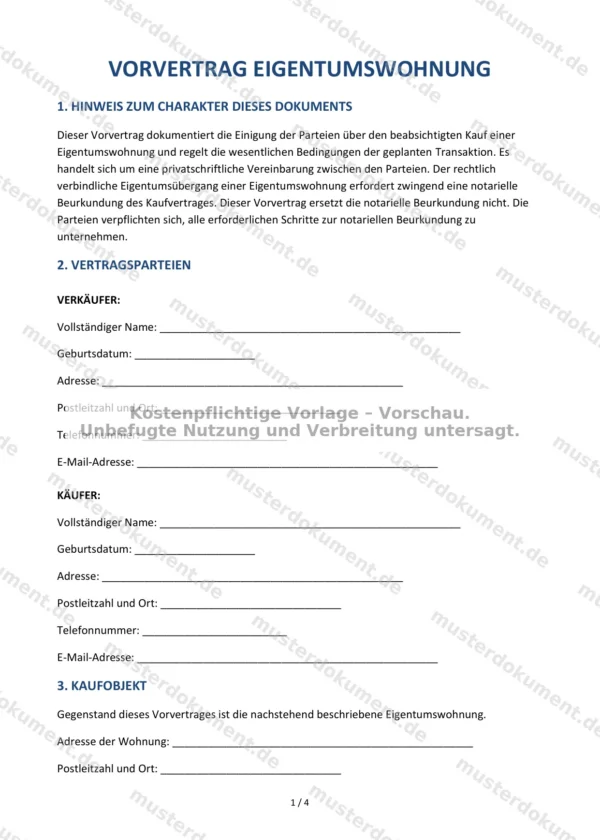 Vorvertrag Eigentumswohnung — Vorlage Word & PDF