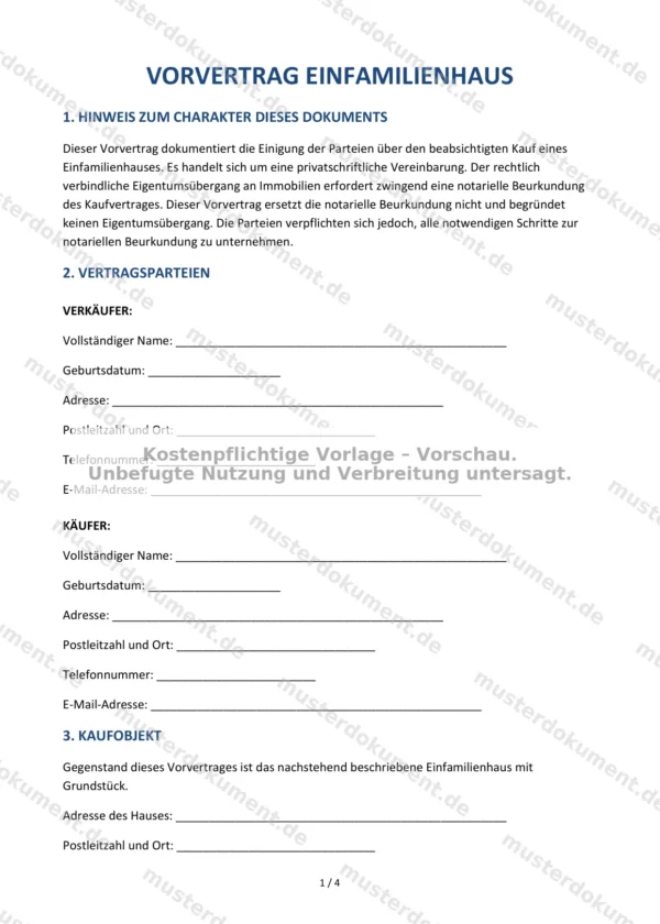 Vorvertrag Einfamilienhaus — Vorlage Word & PDF