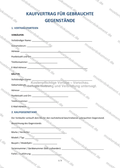 Kaufvertrag für gebrauchte Gegenstände — Vorlage Word & PDF — Vertragsvorlage im DOCX-Format
