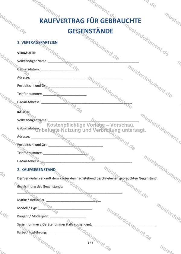 Kaufvertrag für gebrauchte Gegenstände — Vorlage Word & PDF