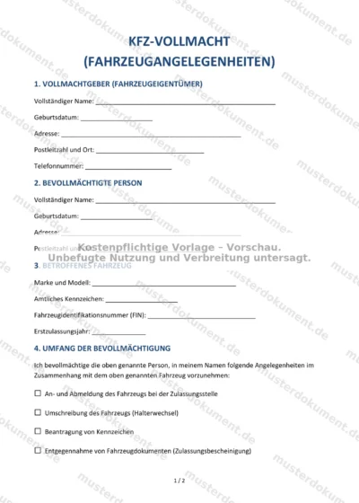 Kfz-Vollmacht (Fahrzeugangelegenheiten) — Vorlage Word & PDF — Vertragsvorlage im DOCX-Format