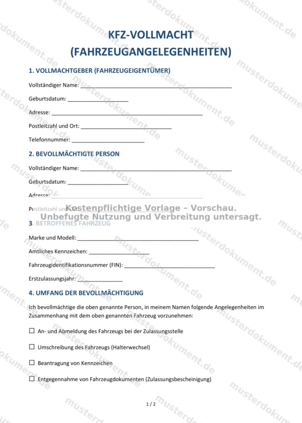 Kfz-Vollmacht (Fahrzeugangelegenheiten) — Vorlage Word & PDF