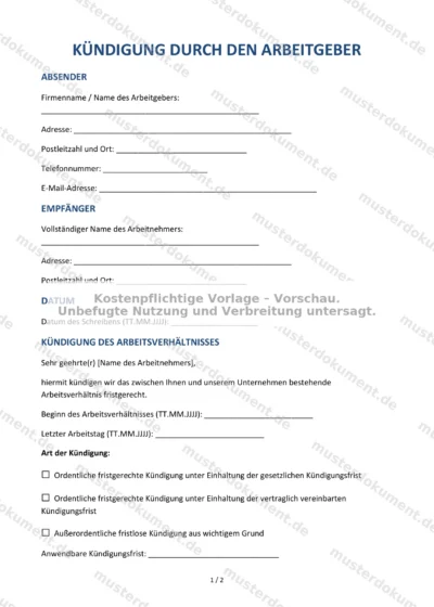 Kündigung durch den Arbeitgeber — Vorlage Word & PDF — Vertragsvorlage im DOCX-Format