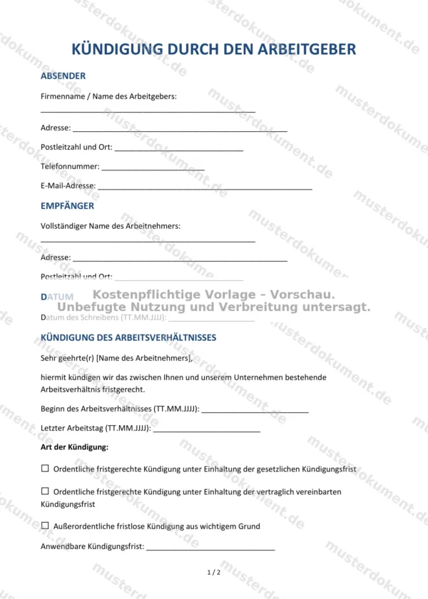 Kündigung durch den Arbeitgeber — Vorlage Word & PDF