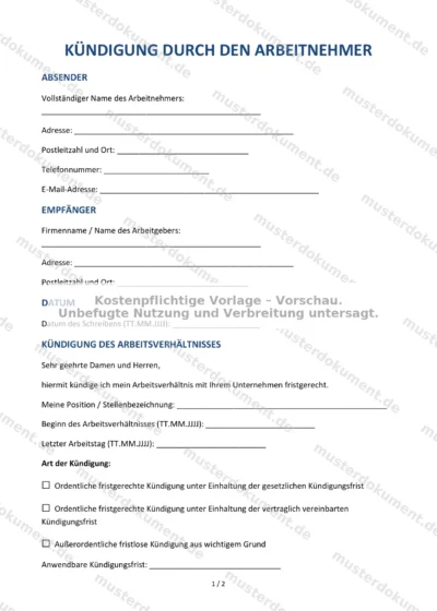 Kündigung durch den Arbeitnehmer — Vorlage Word & PDF — Vertragsvorlage im DOCX-Format