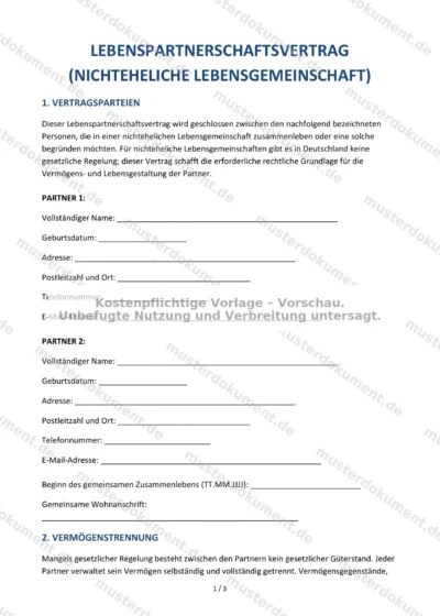 Lebenspartnerschaftsvertrag (nichteheliche Lebensgemeinschaft) — Vorlage Word & PDF — Vertragsvorlage im DOCX-Format