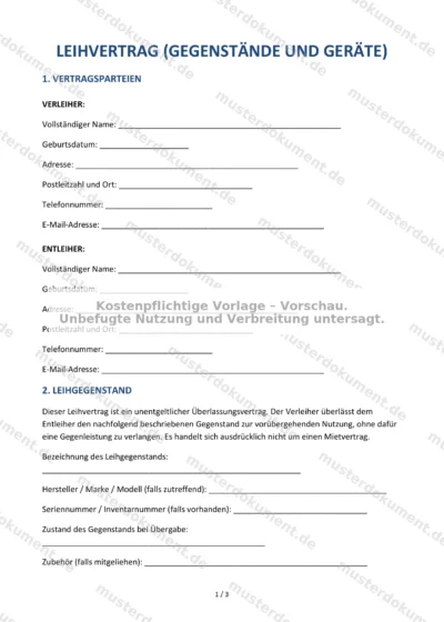 Leihvertrag (Gegenstände und Geräte) — Vorlage Word & PDF — Vertragsvorlage im DOCX-Format