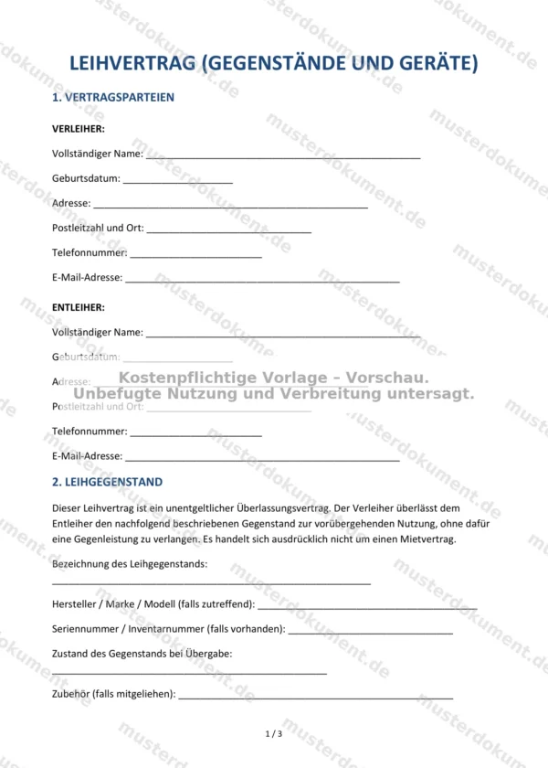 Leihvertrag (Gegenstände und Geräte) — Vorlage Word & PDF