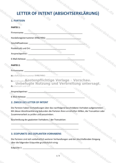 Letter of Intent (Absichtserklärung) — Vorlage Word & PDF — Vertragsvorlage im DOCX-Format