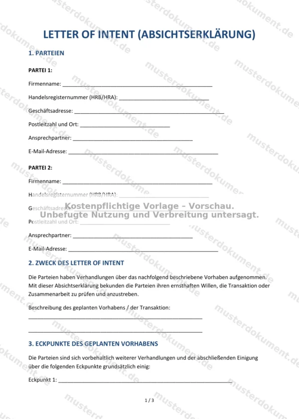 Letter of Intent (Absichtserklärung) — Vorlage Word & PDF