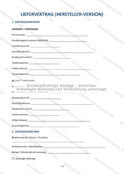 Liefervertrag (Hersteller-Version) — Vorlage Word & PDF — Vertragsvorlage im DOCX-Format