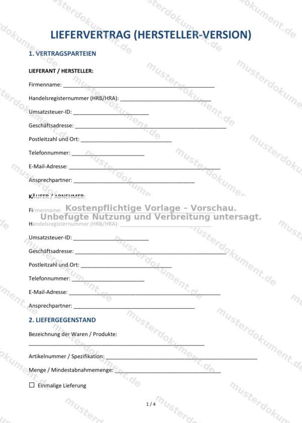 Liefervertrag (Hersteller-Version) — Vorlage Word & PDF