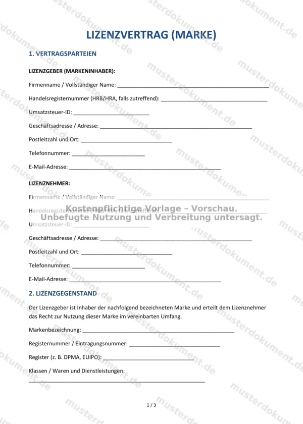 Lizenzvertrag (Marke) — Vorlage Word & PDF