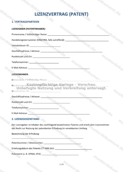 Lizenzvertrag (Patent) — Vorlage Word & PDF — Vertragsvorlage im DOCX-Format