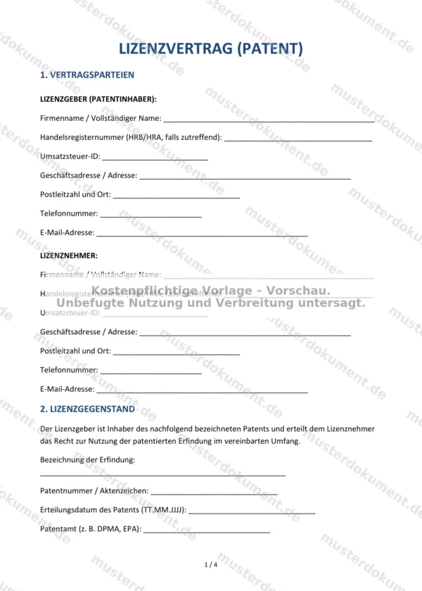 Lizenzvertrag (Patent) — Vorlage Word & PDF