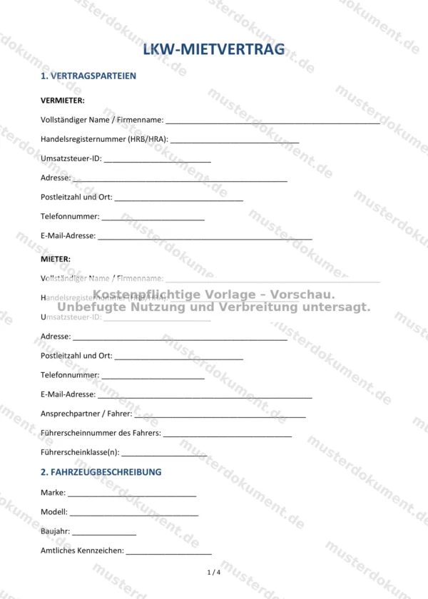 LKW-Mietvertrag — Vorlage Word & PDF