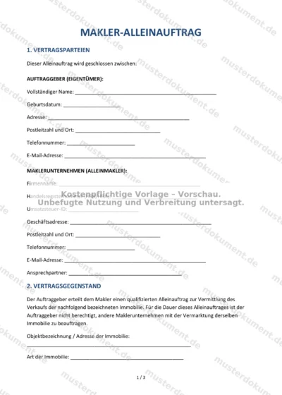 Makler-Alleinauftrag — Vorlage Word & PDF — Vertragsvorlage im DOCX-Format