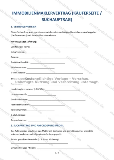Immobilienmaklervertrag (Käuferseite / Suchauftrag) — Vorlage Word & PDF — Vertragsvorlage im DOCX-Format
