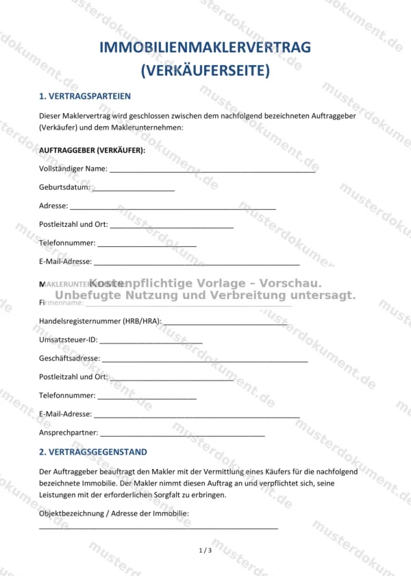 Immobilienmaklervertrag (Verkäuferseite) — Vorlage Word & PDF