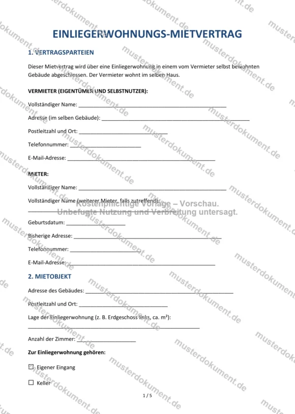 Einliegerwohnungs-Mietvertrag — Vorlage Word & PDF