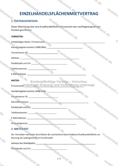 Einzelhandelsflächenmietvertrag — Vorlage Word & PDF — Vertragsvorlage im DOCX-Format