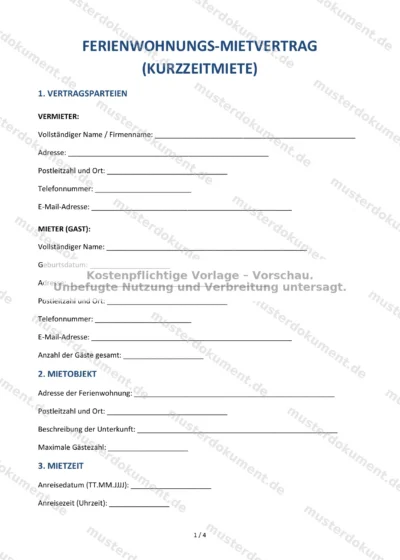 Ferienwohnungs-Mietvertrag (Kurzzeitmiete) — Vorlage Word & PDF — Vertragsvorlage im DOCX-Format