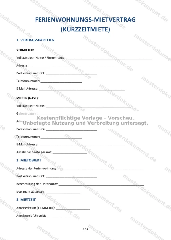 Ferienwohnungs-Mietvertrag (Kurzzeitmiete) — Vorlage Word & PDF