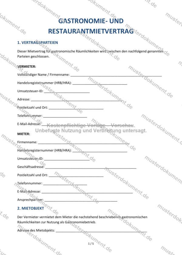 Gastronomie- und Restaurantmietvertrag — Vorlage Word & PDF