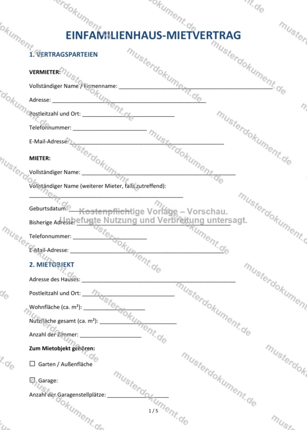 Einfamilienhaus-Mietvertrag — Vorlage Word & PDF