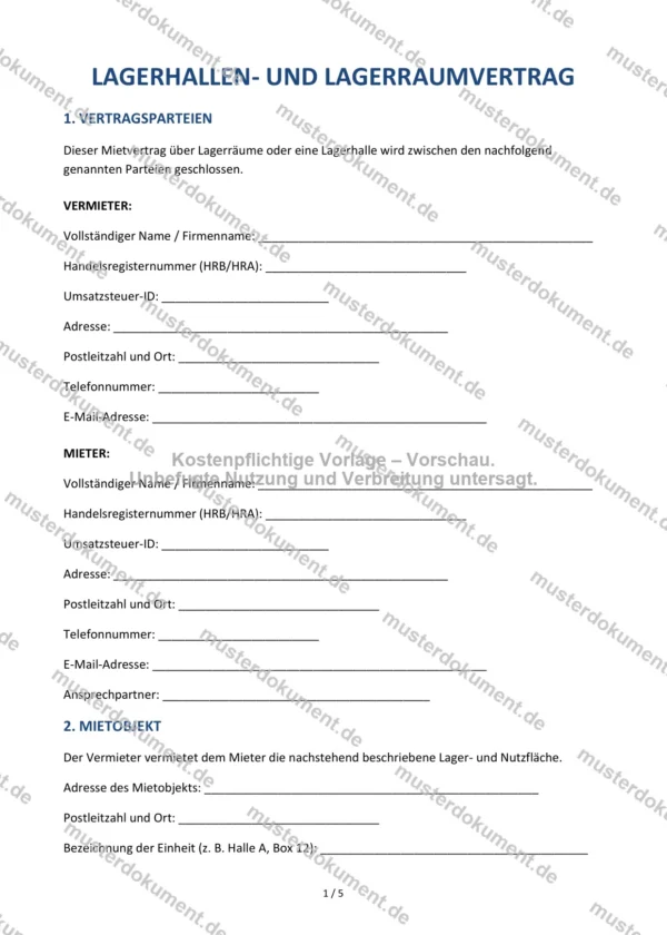 Lagerhallen- und Lagerraumvertrag — Vorlage Word & PDF