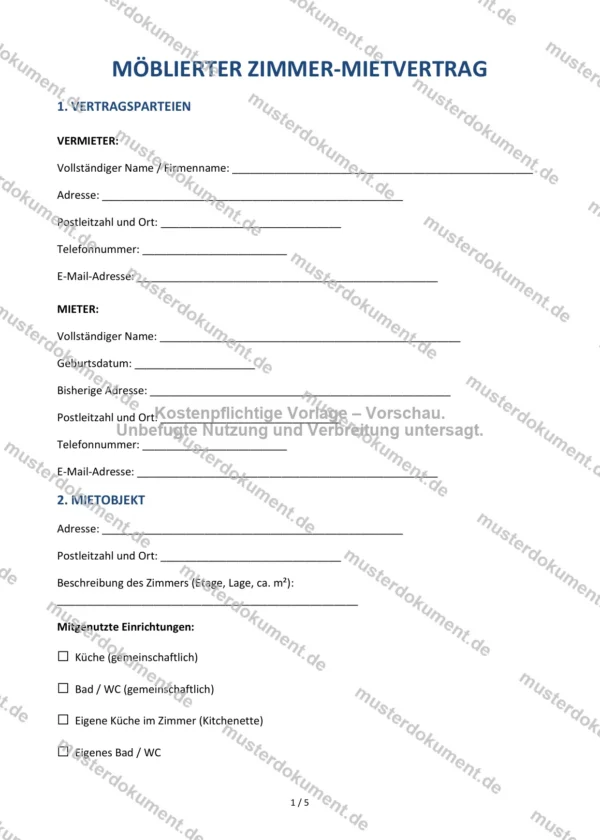 Möblierter-Zimmer-Mietvertrag — Vorlage Word & PDF