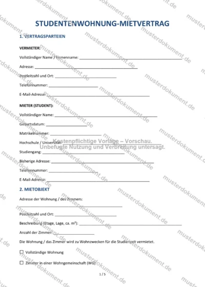 Studentenwohnung-Mietvertrag — Vorlage Word & PDF — Vertragsvorlage im DOCX-Format