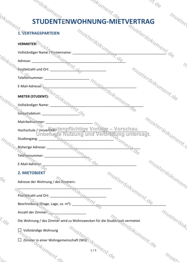 Studentenwohnung-Mietvertrag — Vorlage Word & PDF