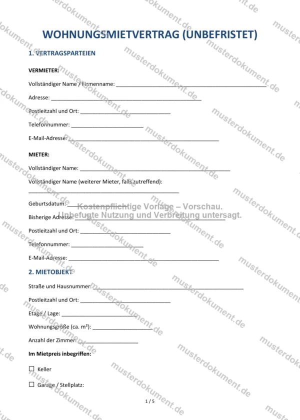Wohnungsmietvertrag (unbefristet) — Vorlage Word & PDF