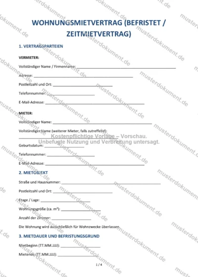 Wohnungsmietvertrag (befristet / Zeitmietvertrag) — Vorlage Word & PDF — Vertragsvorlage im DOCX-Format