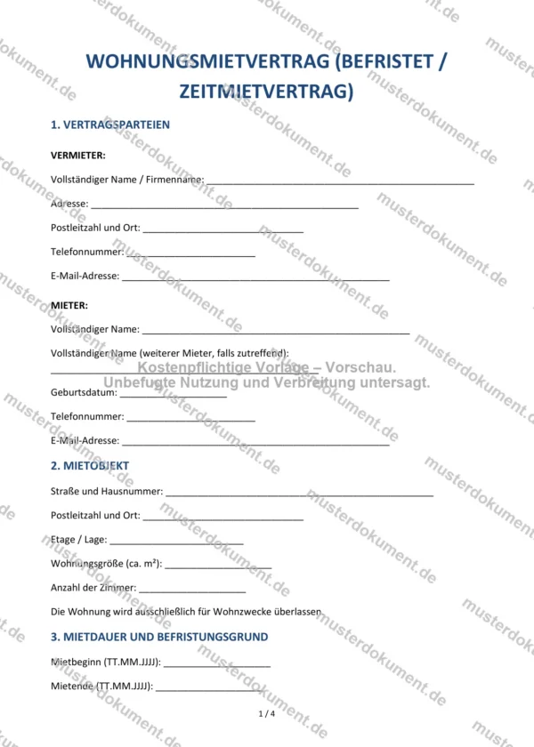 Wohnungsmietvertrag (befristet / Zeitmietvertrag) — Vorlage Word & PDF
