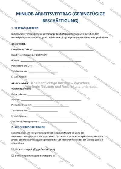 Minijob-Arbeitsvertrag (geringfügige Beschäftigung) — Vorlage Word & PDF — Vertragsvorlage im DOCX-Format