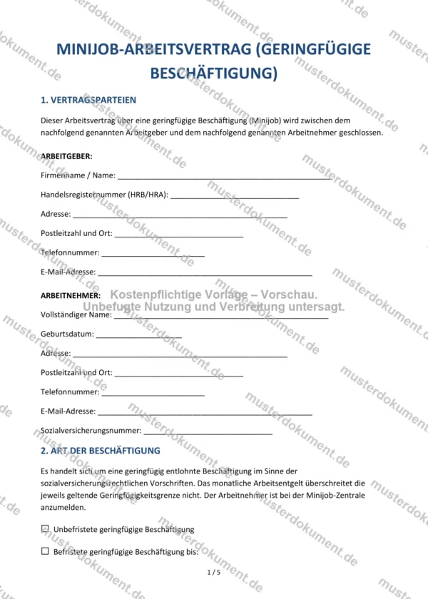 Minijob-Arbeitsvertrag (geringfügige Beschäftigung) — Vorlage Word & PDF