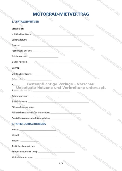 Motorrad-Mietvertrag — Vorlage Word & PDF — Vertragsvorlage im DOCX-Format