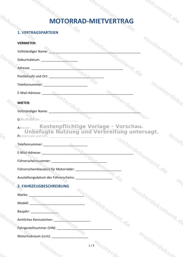 Motorrad-Mietvertrag — Vorlage Word & PDF