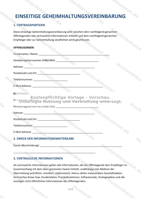 Einseitige Geheimhaltungsvereinbarung — Vorlage Word & PDF
